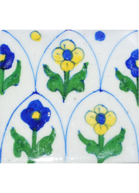 Blue and yellow flowers with green leaves on white base (3x3)