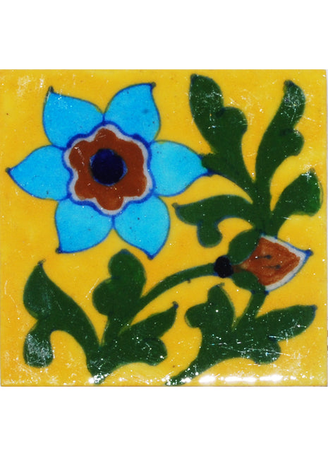 Turquoise and Brown flower with Green leaves on yellow base.(3x3)