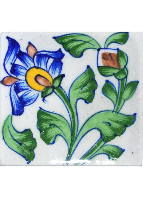White Tile with blue, pink and green flower (3x3)