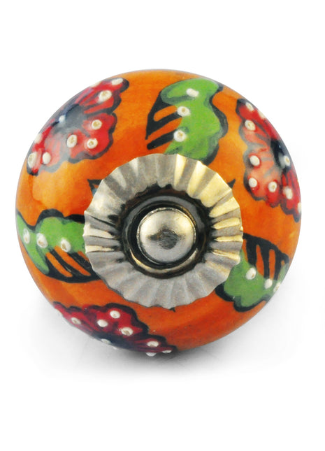 Orange Color knob, Red Flower, Green leaf and Embossed White dots