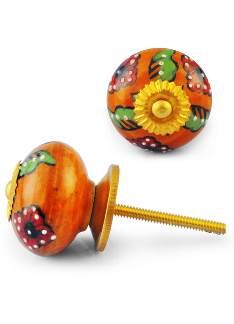 Orange Color knob, Red Flower, Green leaf and Embossed White dots
