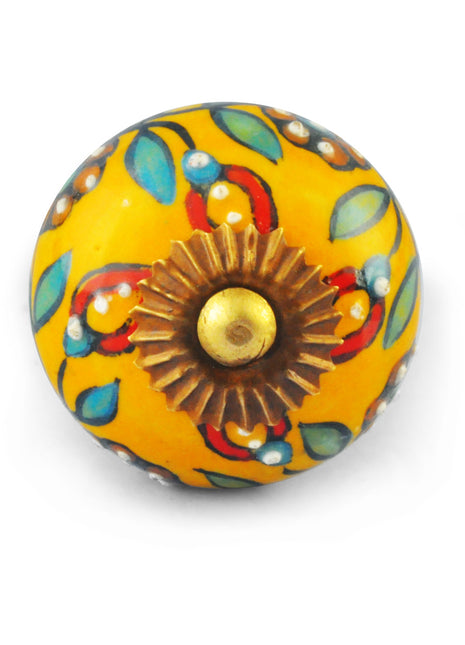 Turquoise, Red and Brown Flower design with Dark Yellow Knob