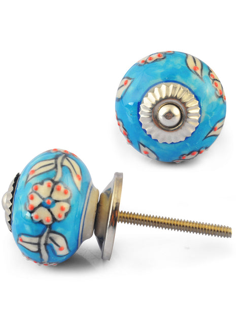 White Flower and White leaf and Red Embossed dots with Turquoise Colour knob