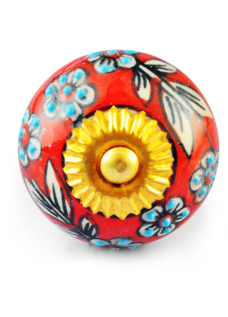 White Flower and White leaf and Turquoise Dots with Red and White Knob