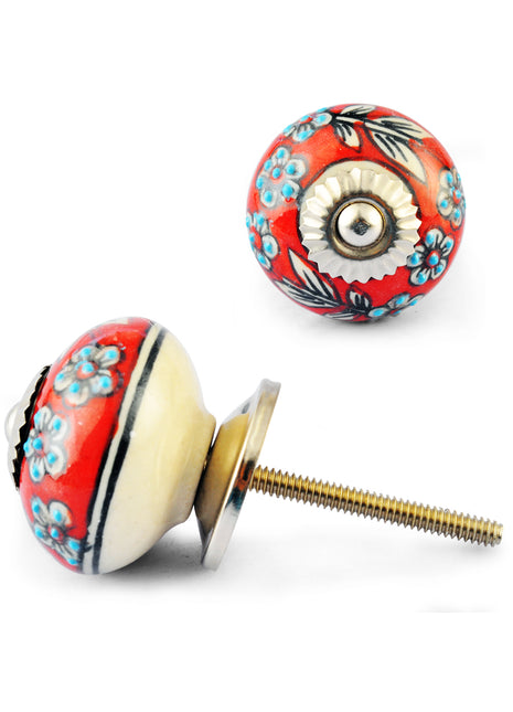 White Flower and White leaf and Turquoise Dots with Red and White Knob