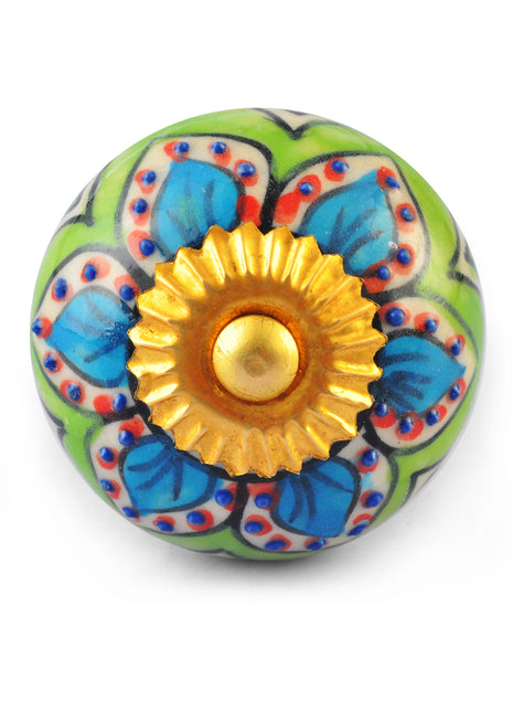 Turquoise and white Flower and Blue Embossed dots with Green and White colour knob