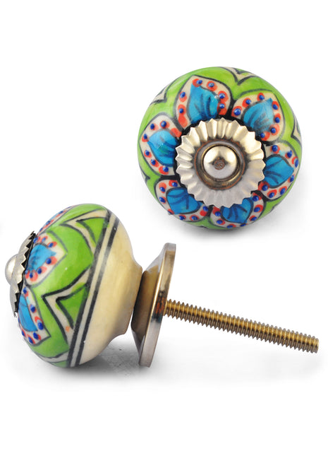 Turquoise and white Flower and Blue Embossed dots with Green and White colour knob