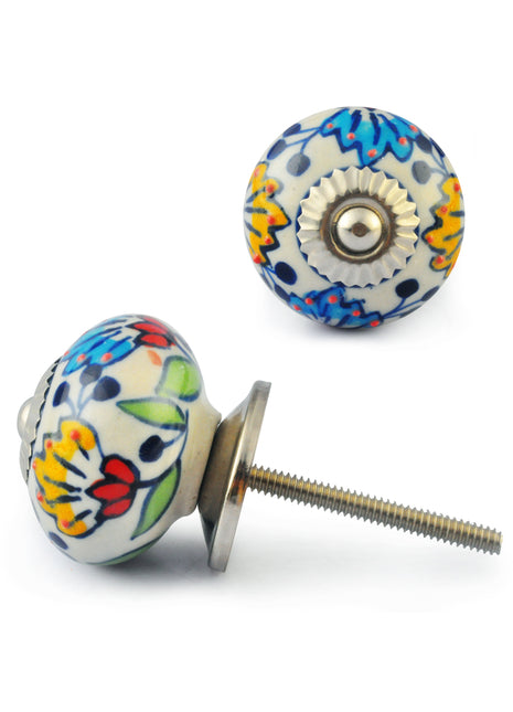 Turquoise and Yellow Flower with White Ceramic Knob