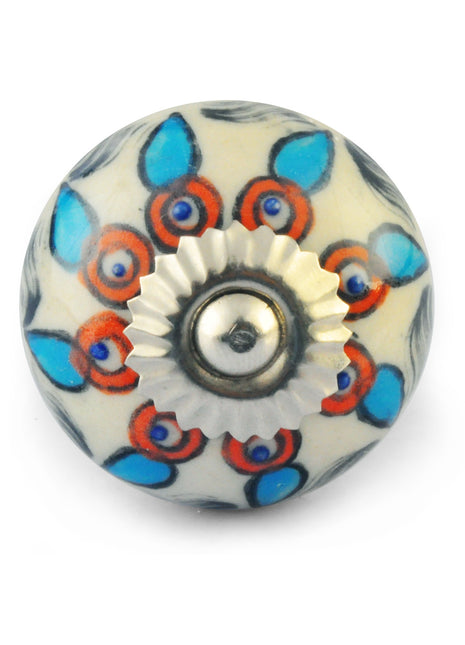 Turquoise Red Flower design with White Colour Ceramic Knob