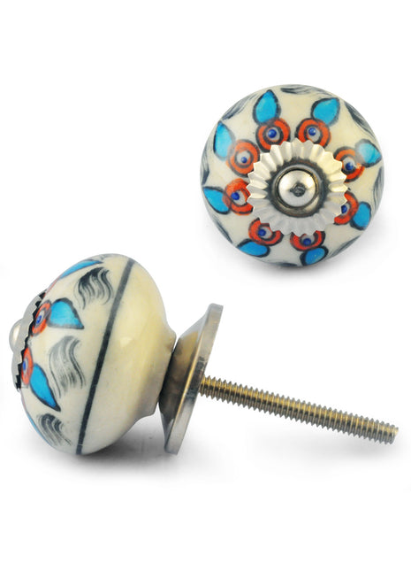 Turquoise Red Flower design with White Colour Ceramic Knob
