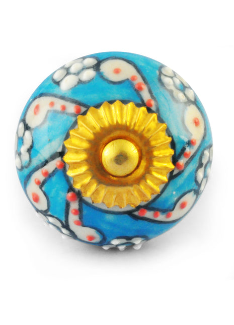 White Flower design with Turquoise and  White Colour Ceramic knob
