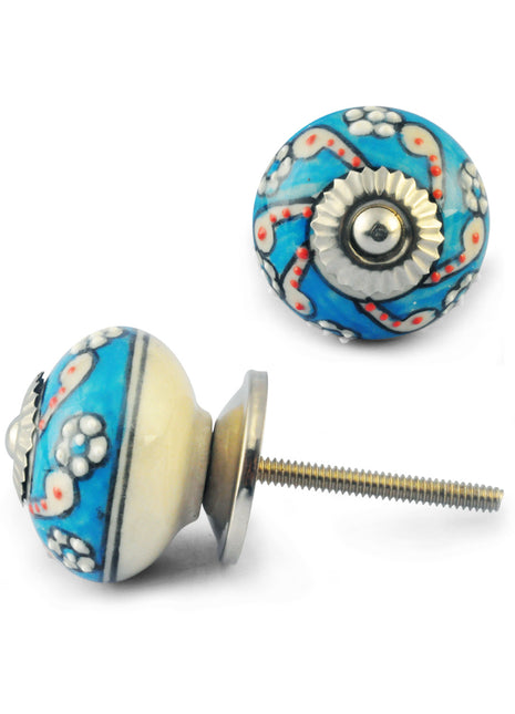 White Flower design with Turquoise and  White Colour Ceramic knob
