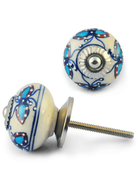 Turquoise Red design on White Colour Ceramic knob