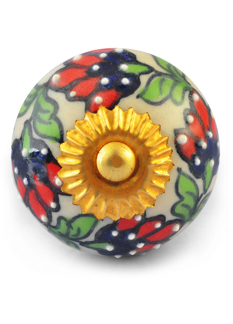 Red Blue Flowers and Green Leaves on White Ceramic knob