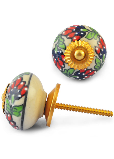 Red Blue Flowers and Green Leaves on White Ceramic knob