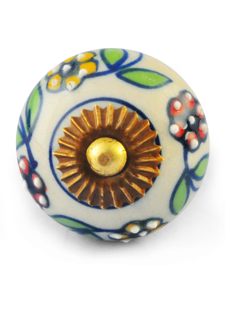 Yellow Red Flower and Green Leaf on White Ceramic Knob