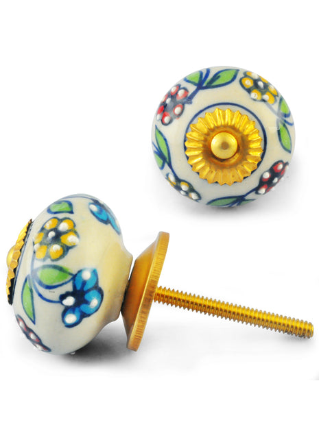 Yellow Red Flower and Green Leaf on White Ceramic Knob