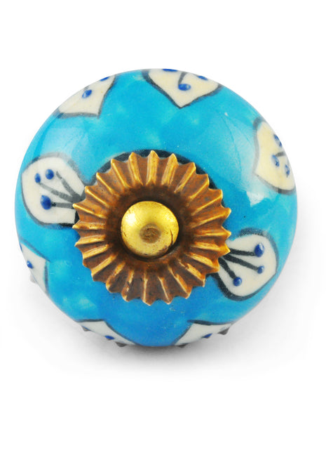 White Leaves on Turquoise and White Ceramic knob