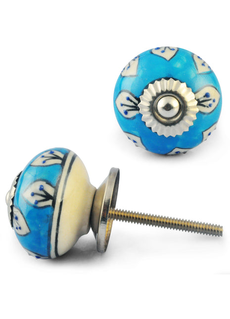 White Leaves on Turquoise and White Ceramic knob