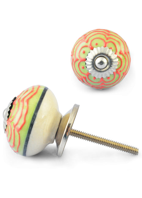 Embossed Line on Lime and White Ceramic knob