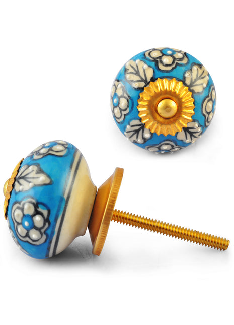 White leaves and Flower on Turquoise and White knob