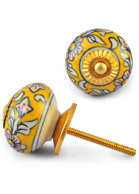 White Flower and Leaves on Yellow and White Ceramic knob