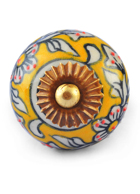 White Flower and Leaves on Yellow and White Ceramic knob