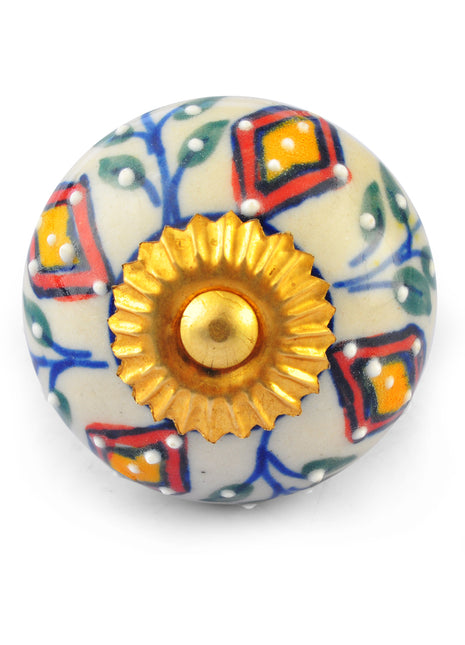 Green,Yellow and Red Colour design on White Ceramic knob
