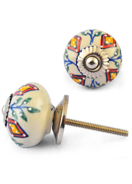 Green,Yellow and Red Colour design on White Ceramic knob