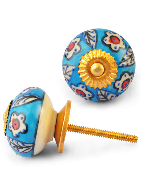 White Flowers on Turquoise Ceramic knob