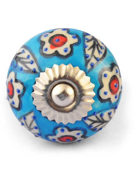 White Flowers on Turquoise Ceramic knob