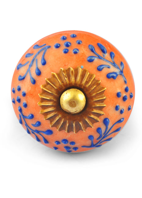 Blue Embossed design on Orange Colour Ceramic knob