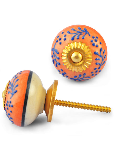 Blue Embossed design on Orange Colour Ceramic knob