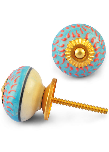 Orange Embossed design on Turquoise Ceramic knob