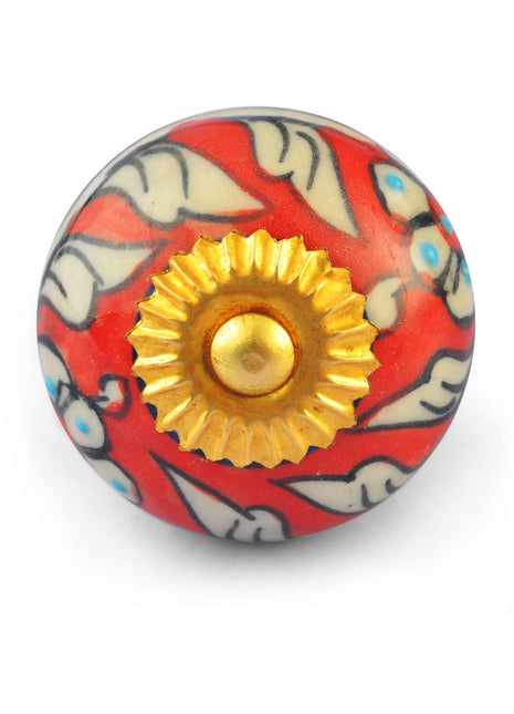 White leaves on Red and white Ceramic knob
