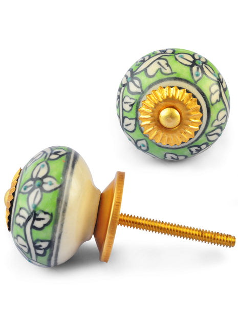 White Leaves and Flower on Lime Green Ceramic knob