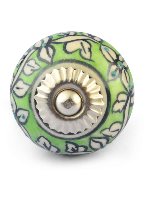 White Leaves and Flower on Lime Green Ceramic knob
