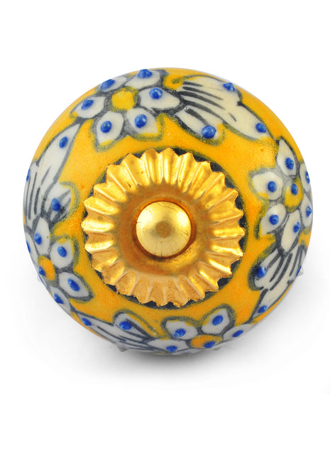 White Flowers and Leaves on Yellow and White Ceramic knob