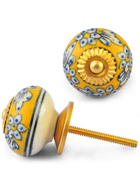 White Flowers and Leaves on Yellow and White Ceramic knob