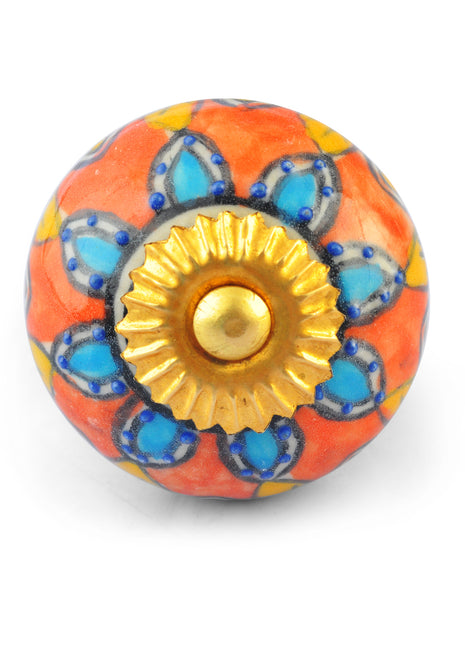 Turquoise Flower and Yellow Leaves on Orange and White Ceramic knob
