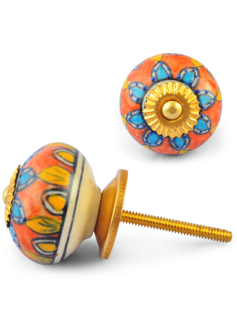 Turquoise Flower and Yellow Leaves on Orange and White Ceramic knob