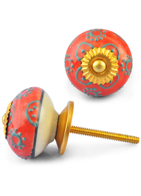 Turquoise design on Orange Red Ceramic knob