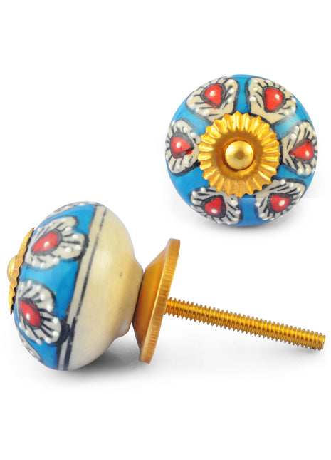 Red and White Flowers on Turquoise and White Ceramic knob