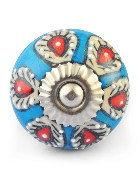 Red and White Flowers on Turquoise and White Ceramic knob