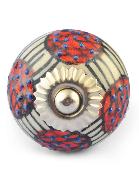 Blue Embossed Dots and Red Flowers on White Base Ceramic knob