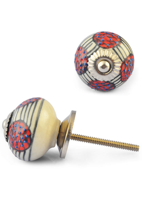 Blue Embossed Dots and Red Flowers on White Base Ceramic knob