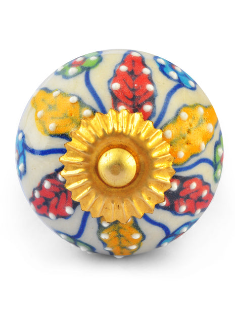 Red and Yellow Flowers on White Base Ceramic knob
