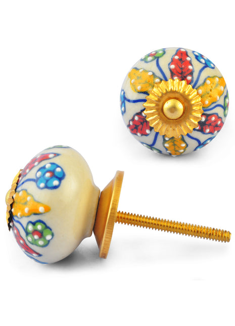 Red and Yellow Flowers on White Base Ceramic knob