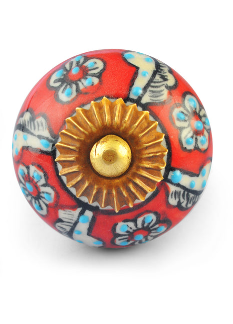 White Flowers and Turquoise Embossed dots on Red and White Base Ceramic knob