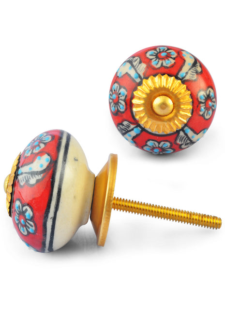 White Flowers and Turquoise Embossed dots on Red and White Base Ceramic knob